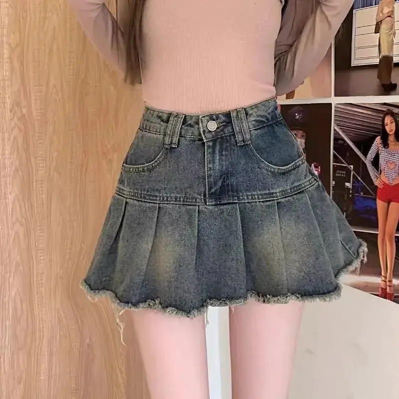 Vintage Fringe Slimming High-waisted Denim Skirt Womens Mini Dress Plenty Wrinkles For Summer 250207