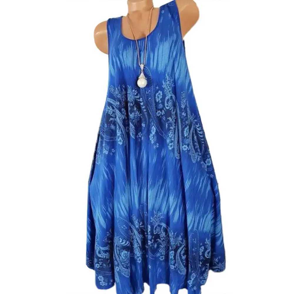 Ele Floral Print Women Summer Dress Round Neck Sveless Loose Pleated Plus Tank DressXJ2500207
