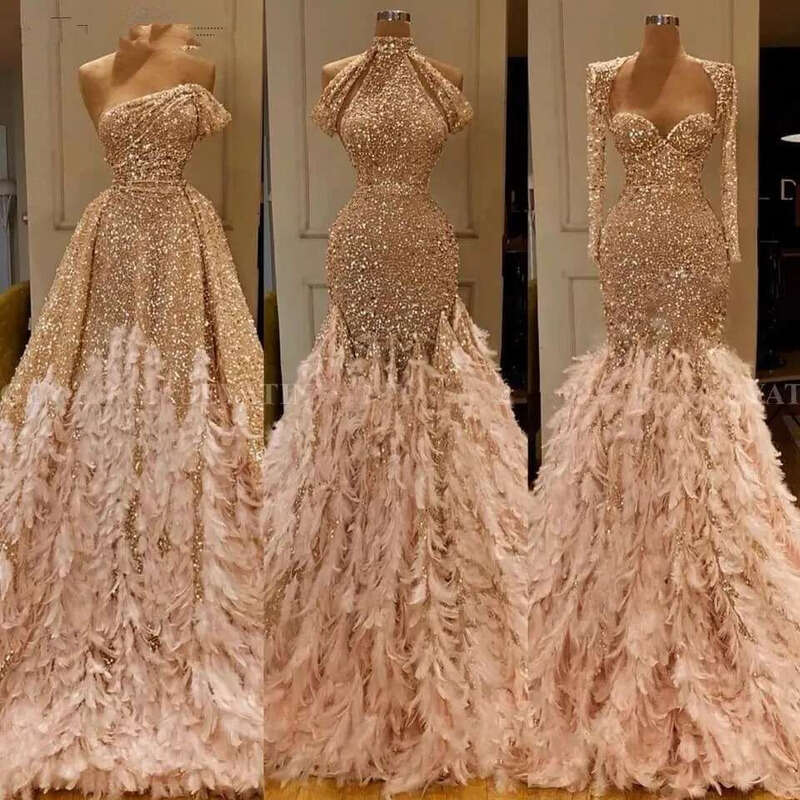 Glitter Gold Sequin Mermaid Feather African Prom Dresses Long Sleeve One Shoulder Evening Gown Plus Size Graduation Formal Dress