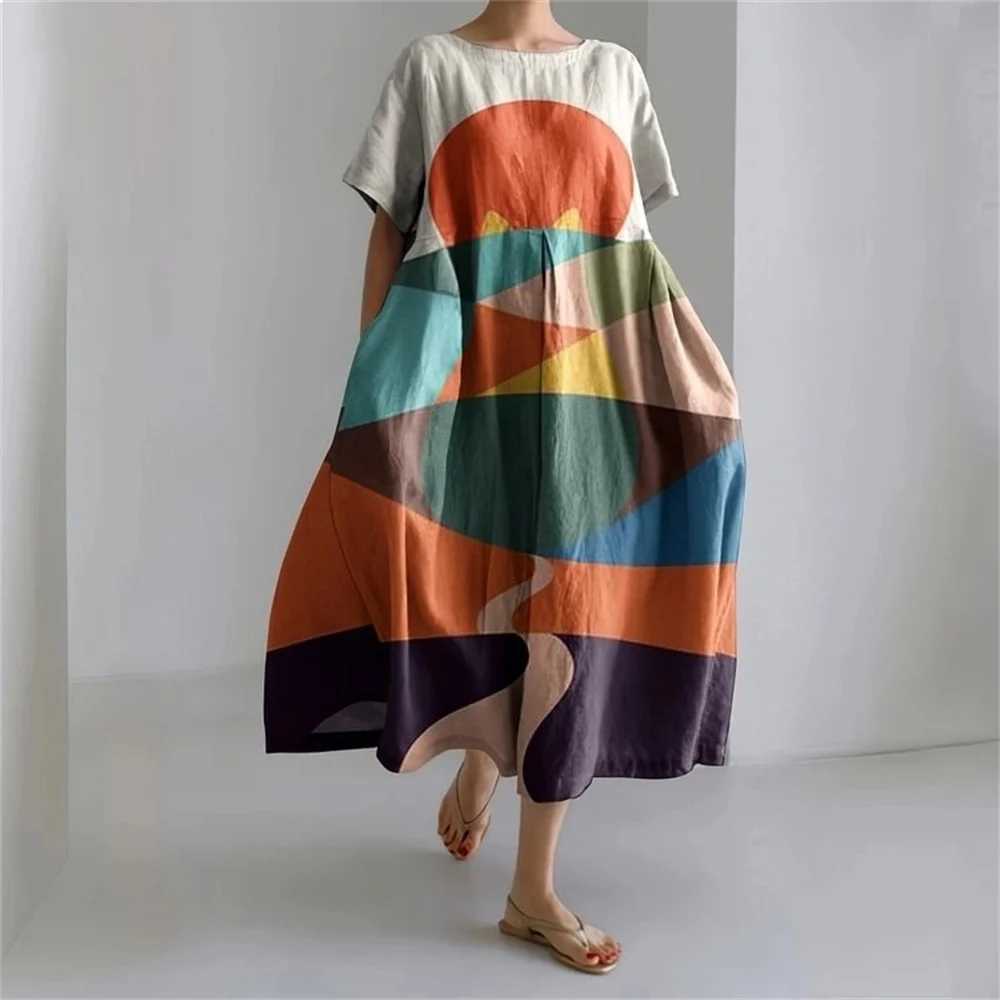 2024 New Fashion Buds Print Short Sve Long Skirt Ladies Large Size Round Neck Pocket Dress Ladies Casual Ele DressXJ2500207
