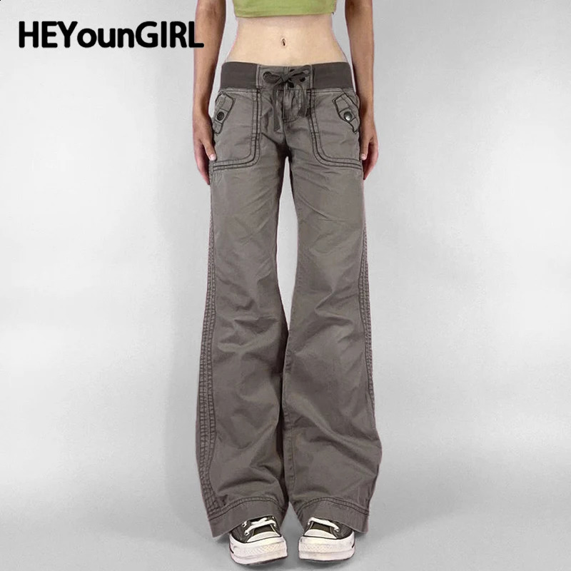 HEYounGIRL Vintage Laceup Midsied Jeans 2000s Women Streetwear Aesthetic Pockets Straight Leg Trousers Fashion Autumn Outfits 250206
