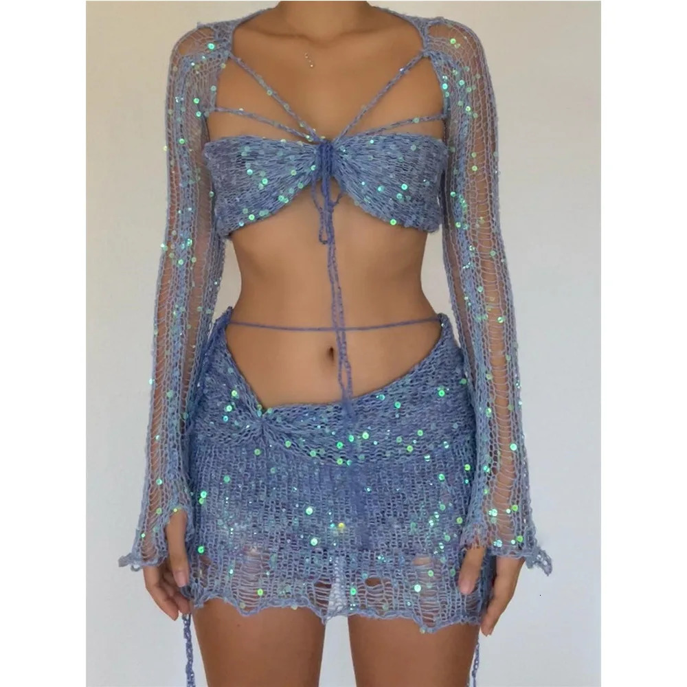 Crochet Knitted Dress Two Piece Skirt Sets Summer Women Clothes Sexy Crop Tops Elegant Knit Sequin Dress 2 Piece Set Outfit 250206