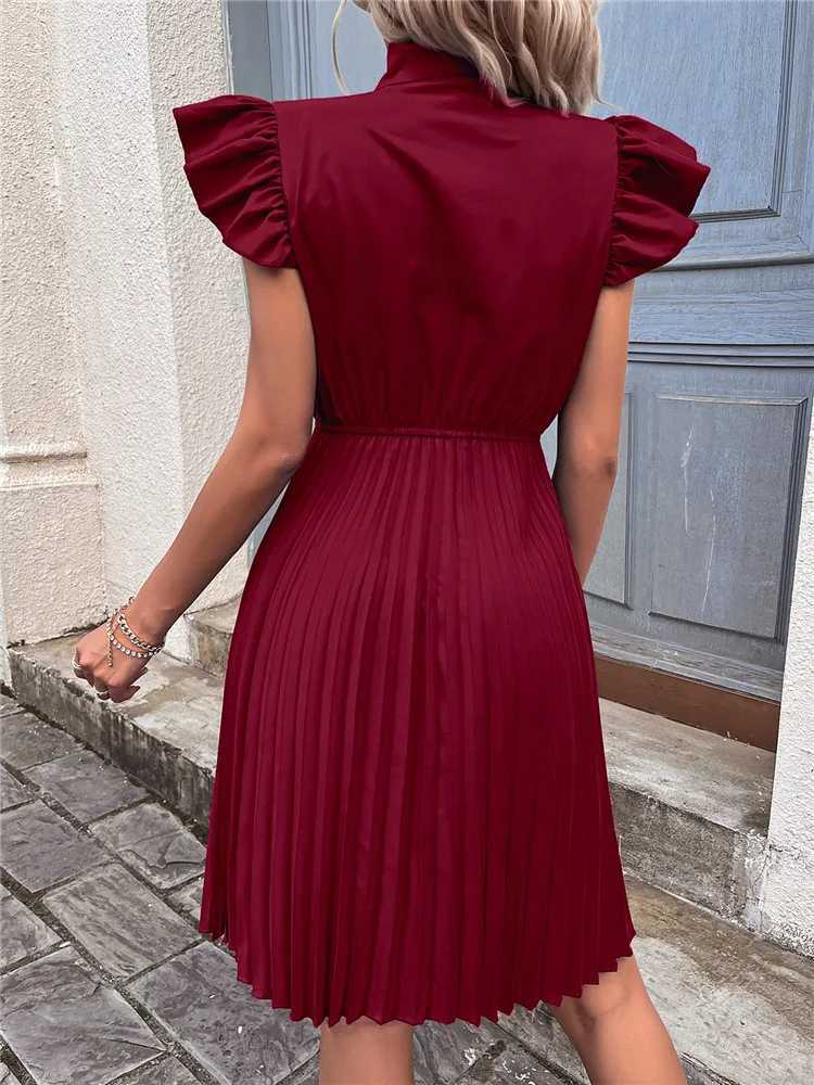Msfilia Women Summer Ele Bow Collar Pleated Dress Lace Up High Waist Large Fold Ladies Solid Color DressesXJ2500207