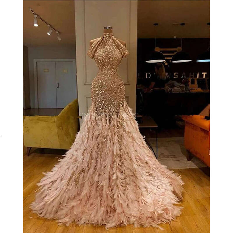 Glitter Gold Sequin Mermaid Feather African Prom Dresses Long Sleeve One Shoulder Evening Gown Plus Size Graduation Formal Dress