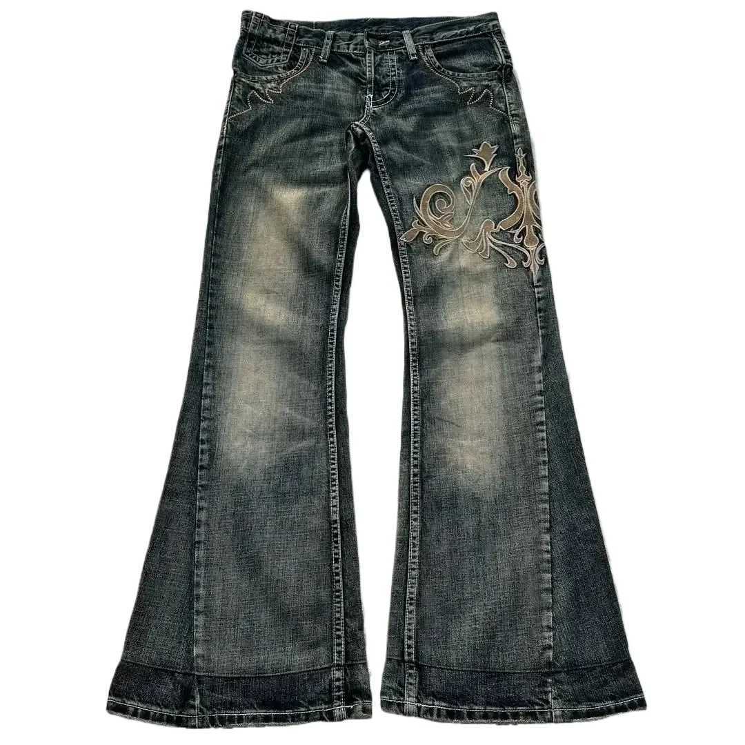 Y2K new american retro embroidery pattern women horn -shaped jeans strt fashion gothic slim mop pants women jeans W250207