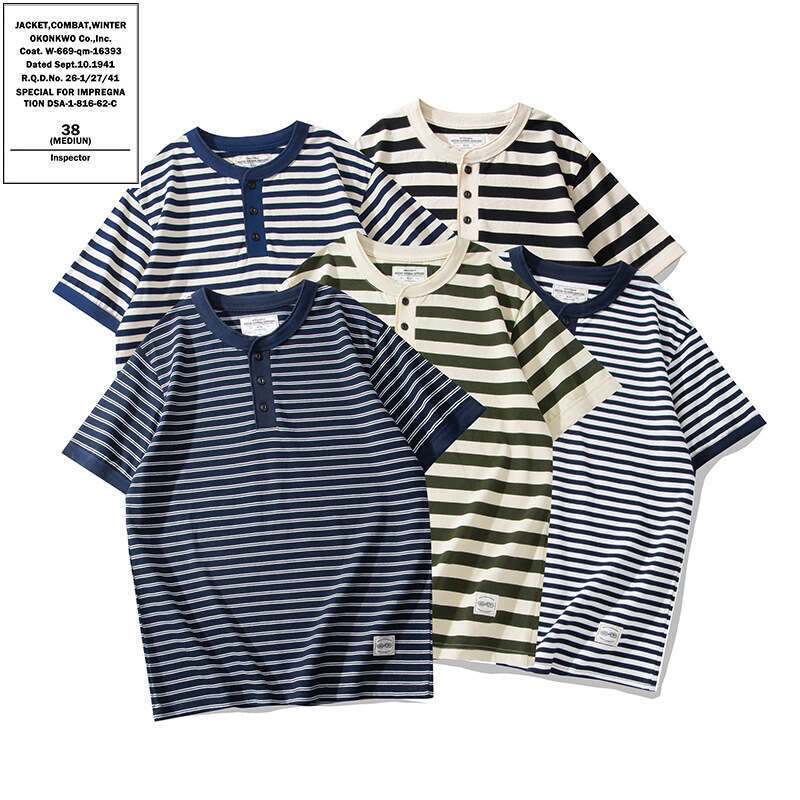 Heavyweight Short Sleeve Striped Neck T-Shirt Deck Sea Soul Henry Shirt, Outdoor Fiess Sports Tops, 240G