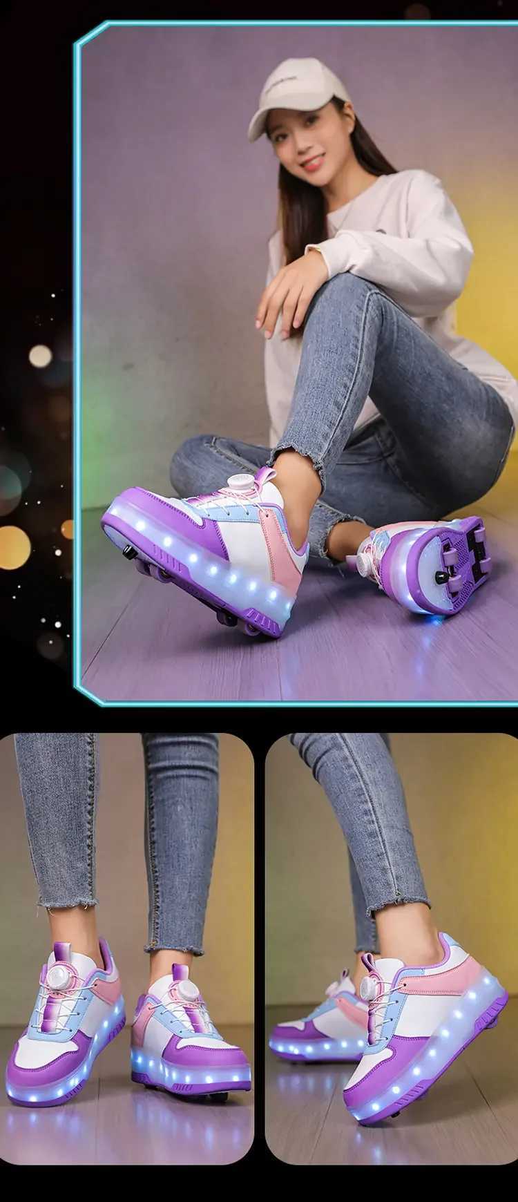 New four-wheel rear-wheel retraction with brake seven-color light walking shoes childrens rotary button roller skates W250207