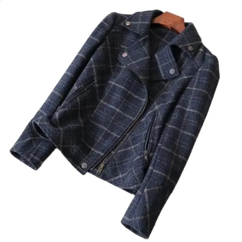 Autumn Elegant Plaid Short Jacket Womens Woolen Coat Zipperup Lady Slim Deep Blue Casual Tops Streetwear Moto Biker Outerwear 250113