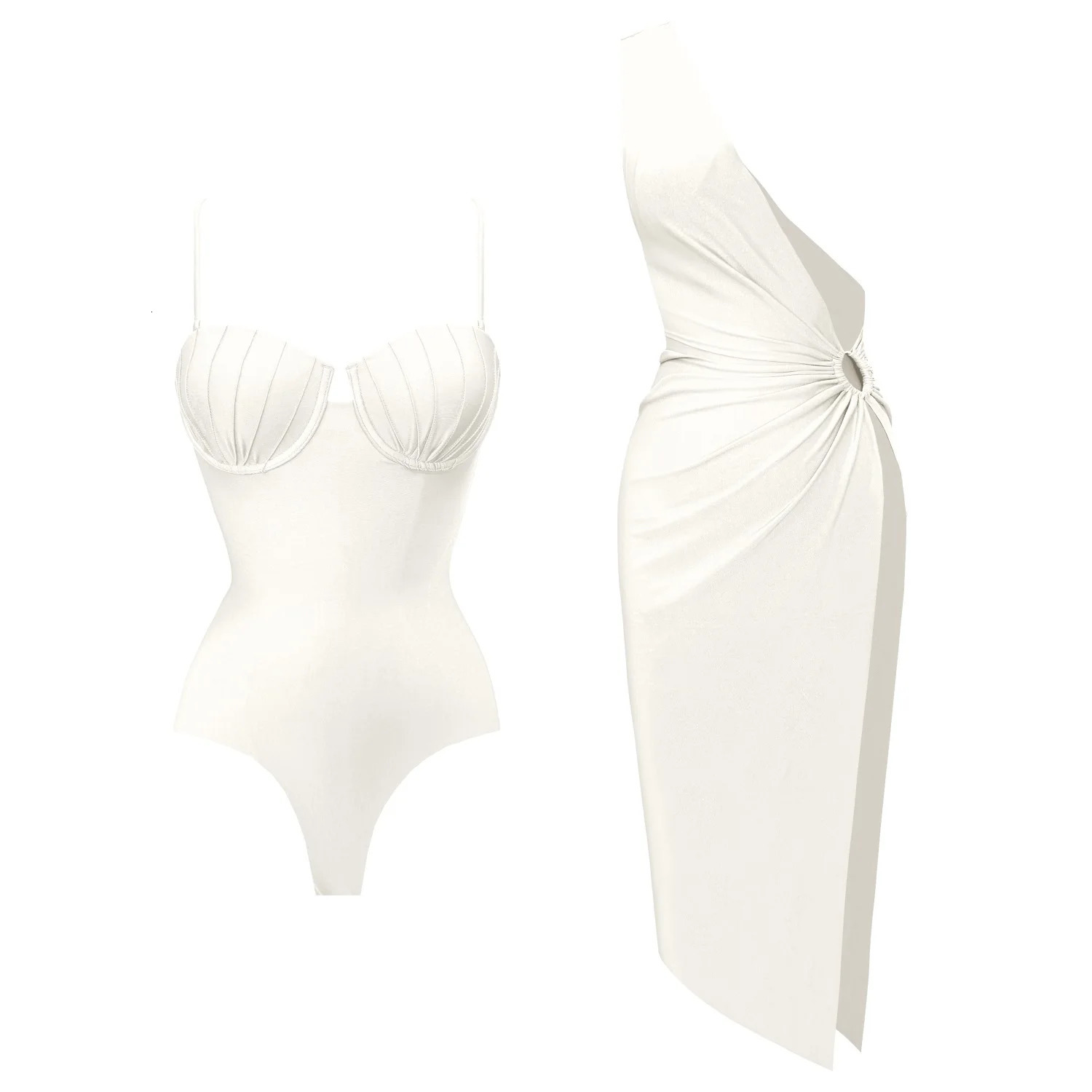 2024 2 Pcs Set Push Up One Piece Swimsuit Cut Out Swimwear Sexy Woman Swimsuit Bathingsuit Swim Suits Beachwear Bandeau Biquini 250207