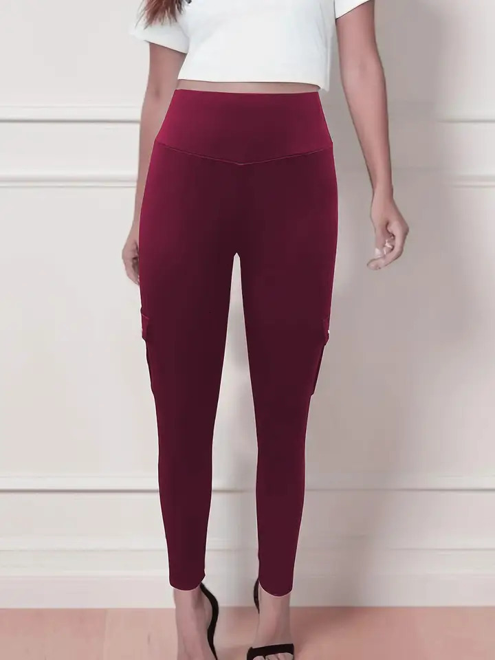 Plus Size Solid Pocket Skinny Leggings - High Waist Stretchy Comfortable Breathable and Versatile - Perfect for Autumn 250207