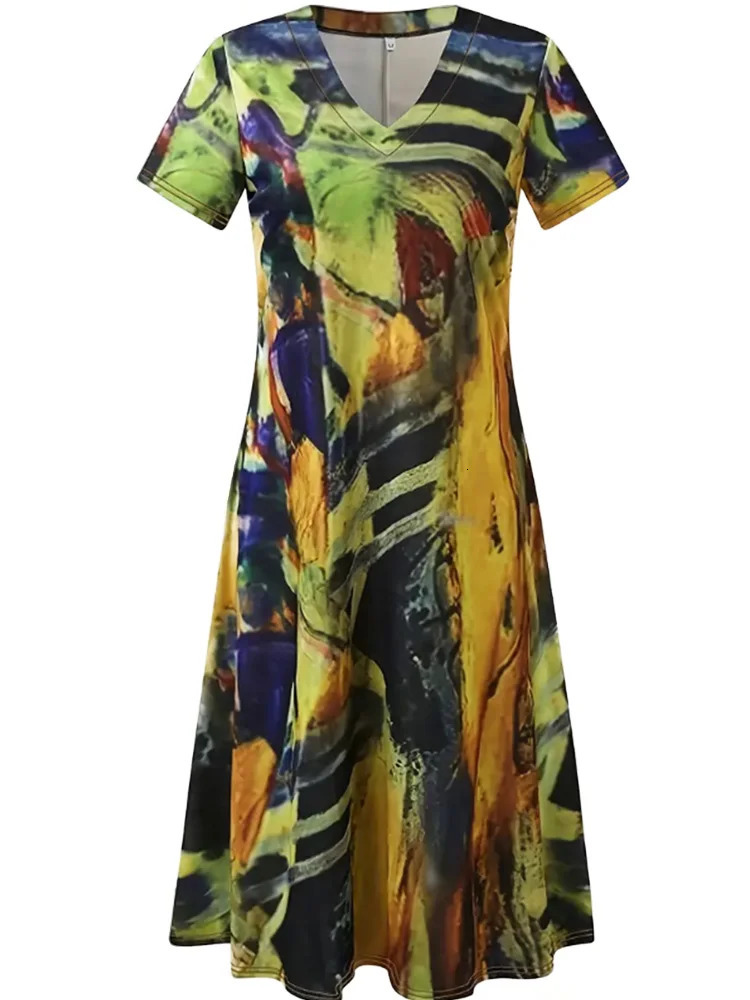 Plus Size 2023 Summer Loose Dress Sexy V Neck Printed High Waist Evening Party Short Sleeve 250206