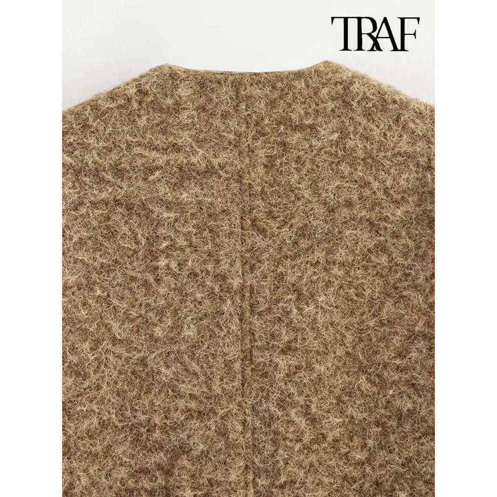 Bow Tie Design Solid Colour Fashion Retro V-Neck Small Cardigan Woolen Jacket Elegant Women's Clothing
