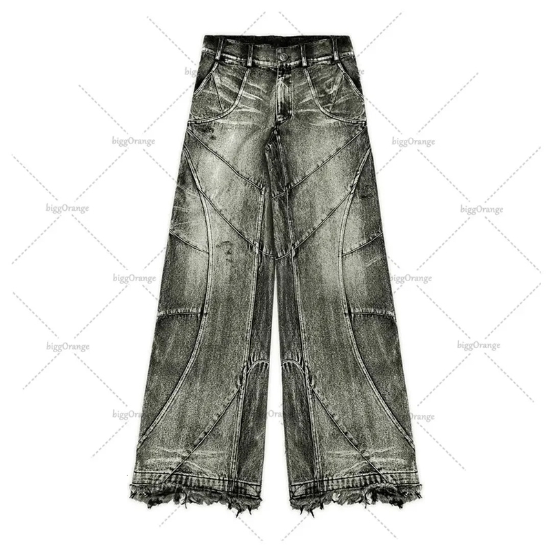 Y2K Destroyed Stitching Jeans Mens Black Washed Jeans Gothic Style Street Trend Clothing Retro Loose Wide Leg Pants Fall Guys 250206