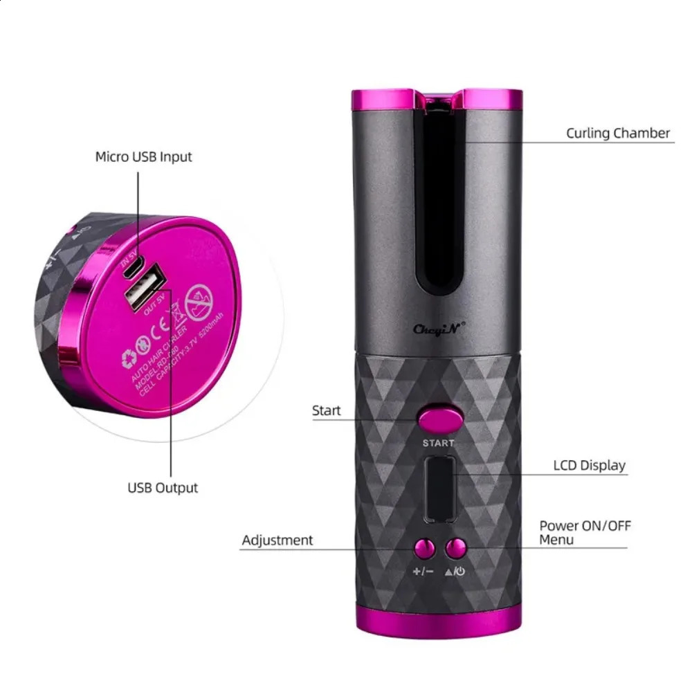 Cordless Automatic Rotating Hair Curler USB Rechargeable Curling Iron LED Display Temperature Adjustable styling tool 250206
