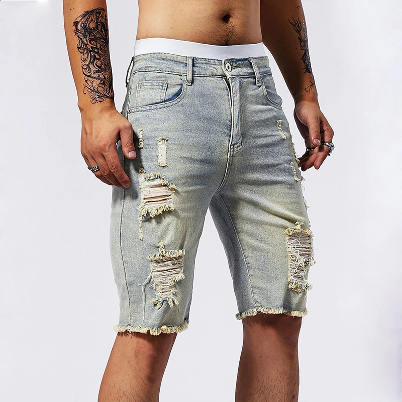 Vintage Denim Shorts Mens American Stretch Slim Jeans Fashion Ripped Streetwear Male Hole Frayed Short Pants Blue Black 250206