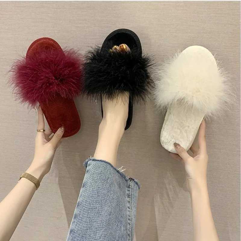 Leisure Plush Slipper for Woman Womens Autumn Winter Ostrich Feather Slippers Footwear Lightweight Flats N-slip Home SlippersXJ250207