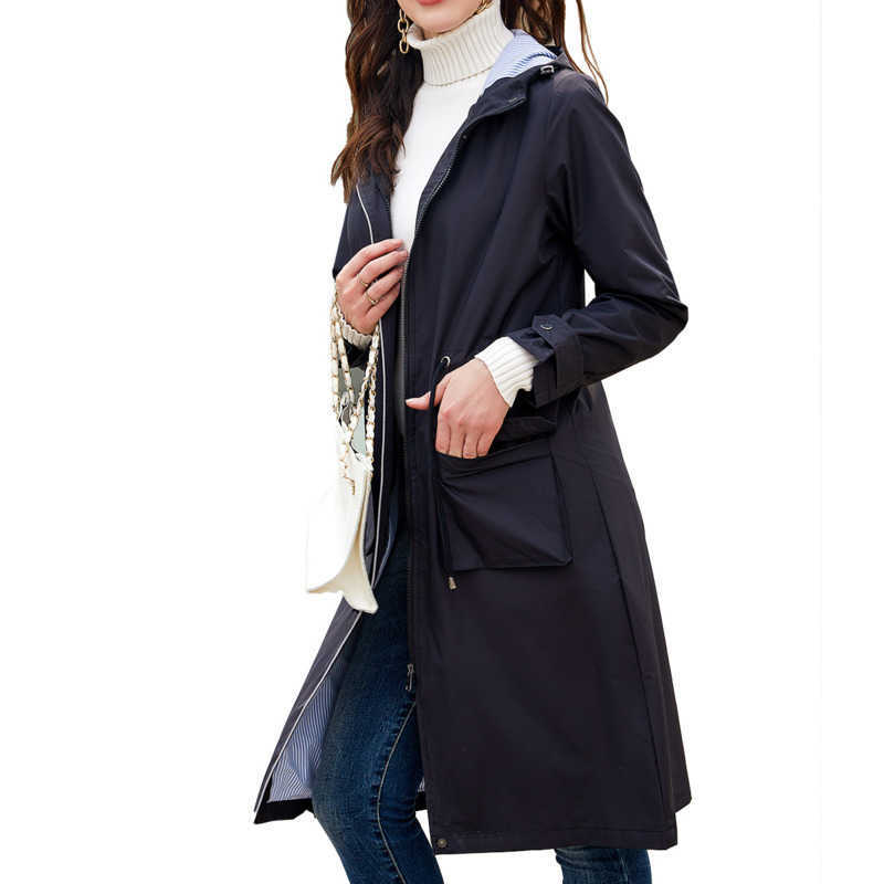 European Spring Autumn Long Casual Windbreaker WoMens Splash-proof Hooded Solid Color Striped Lining Straight Jacket Womens Long Trench Coat Womens Ja