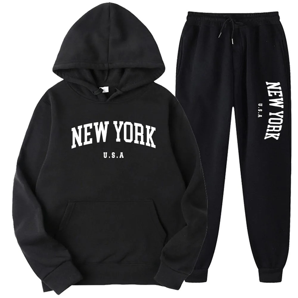 Men Women York USA City Hoodies Sets Fashion Letter Printed Graphic Sweatshirts Loose Casual Harajuku HoodedPants Pullove 250207