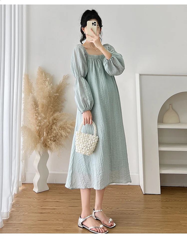 Pregnant Womens Clothing Spring Long Sleeve Square Collar Loose Maternity Chiffon Dress Plus Size Pregnancy Beach Blue 250114