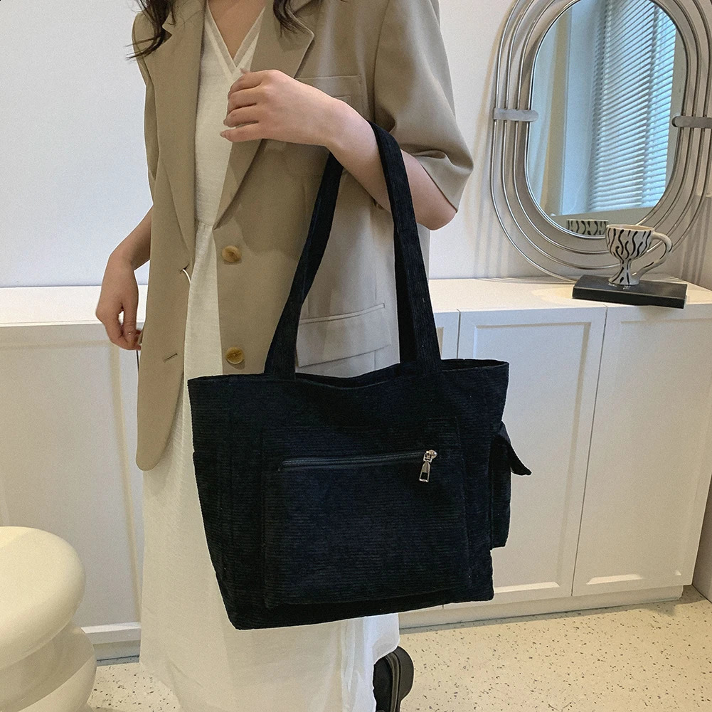 Women Corduroy Hobo Bag Large Capacity Casual Shoulder Handbag Outer Pocket Retro Satchel Lightweight Versatile Shopping 250206
