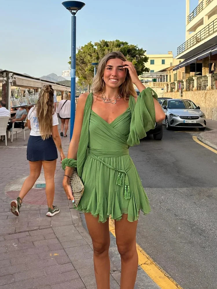 Womens Fashion Chiffon Pleated Lace Up High Waist Mini Dress Chic Green Hollow Out Full Sleeve Aline Dresses Lady Beach Robes 250206