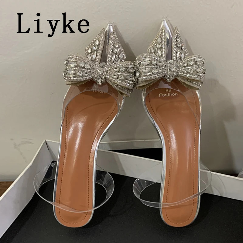 Liyke Fashion Crystal Bowknot Women Pumps Sexy Pointed Toe Clear High Heels Wedding Prom Shoes PVC Transparent Sandals 250206