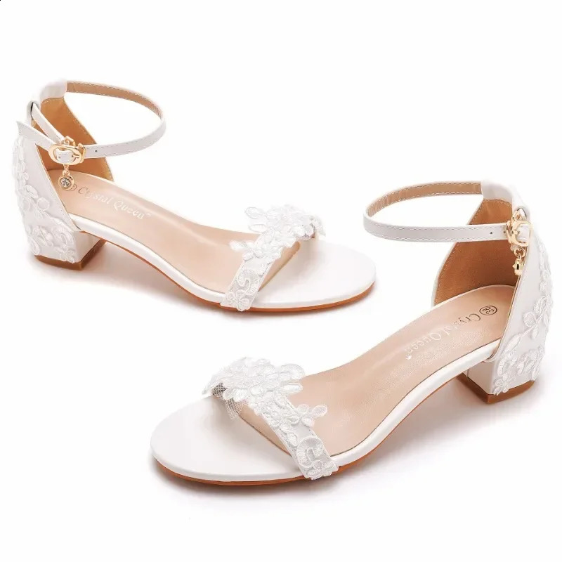 Women Summer Sandals PU 5CM Square Heel Buckle Strap Embroidery Lace Party Dress Wedding Nightclub Women Shoes White 250206