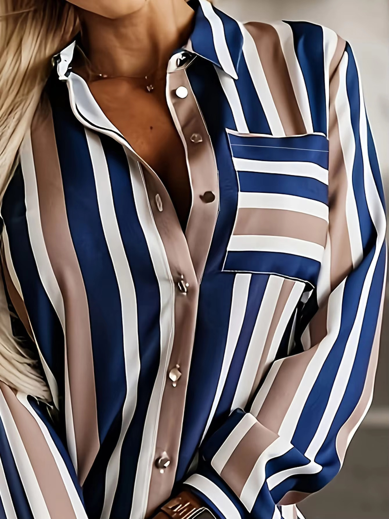 Size Casual Blouse, Women's Plus Stripe Print Long Sleeve Button Up Lapel Collar Shirt Top