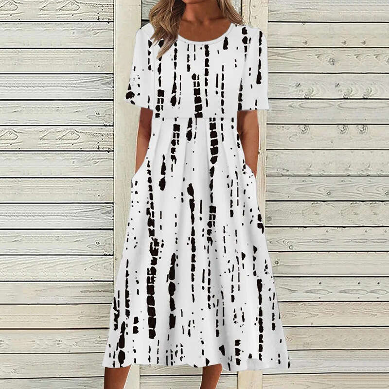 Summer Mid Waist Round Neck Printed Large Swing Women's Dress 2024 New Casual Fashion Trendy Clothing