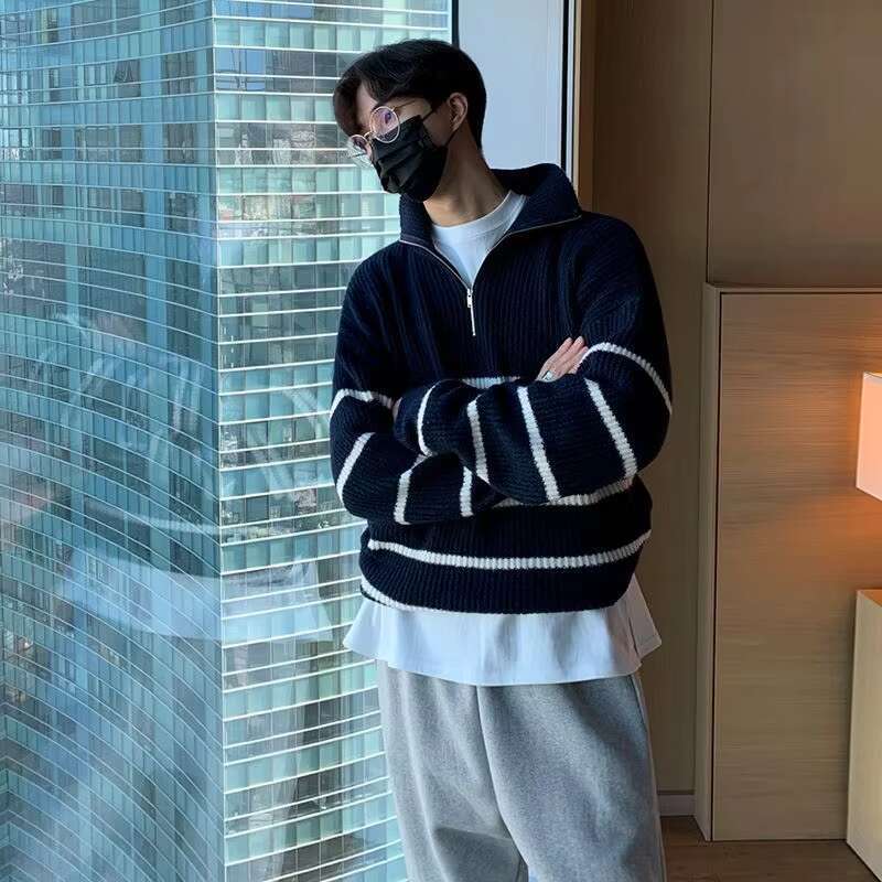 Men's Clothing Business Zip-up Knit Sweater Male Coat Zipper Striped Jacket Collared Pullovers Cheap T Shirt Korean Fashion Neck