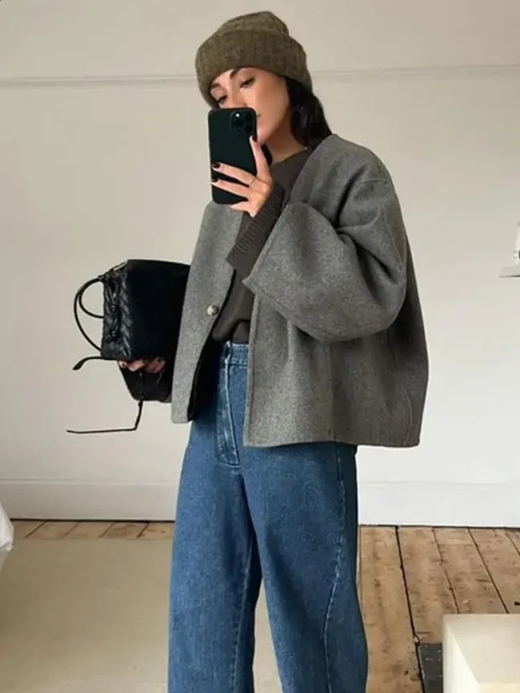 Elegant Grey Cropped Womens Jacket V Neck One Button Long Sleeves Loose Tweed Short Coat 2025 Spring Lady Office Outerwears 250110