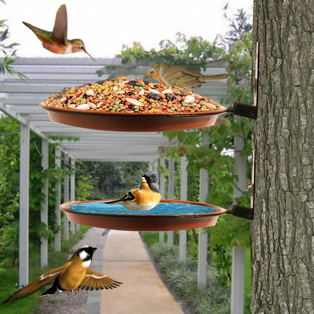 2 layer Bird Feeding Trays Wall Hanging Tree Mounted Bird Bath Spa Foldable Multifunctional Feeders for Garden Balcony Railing 250121