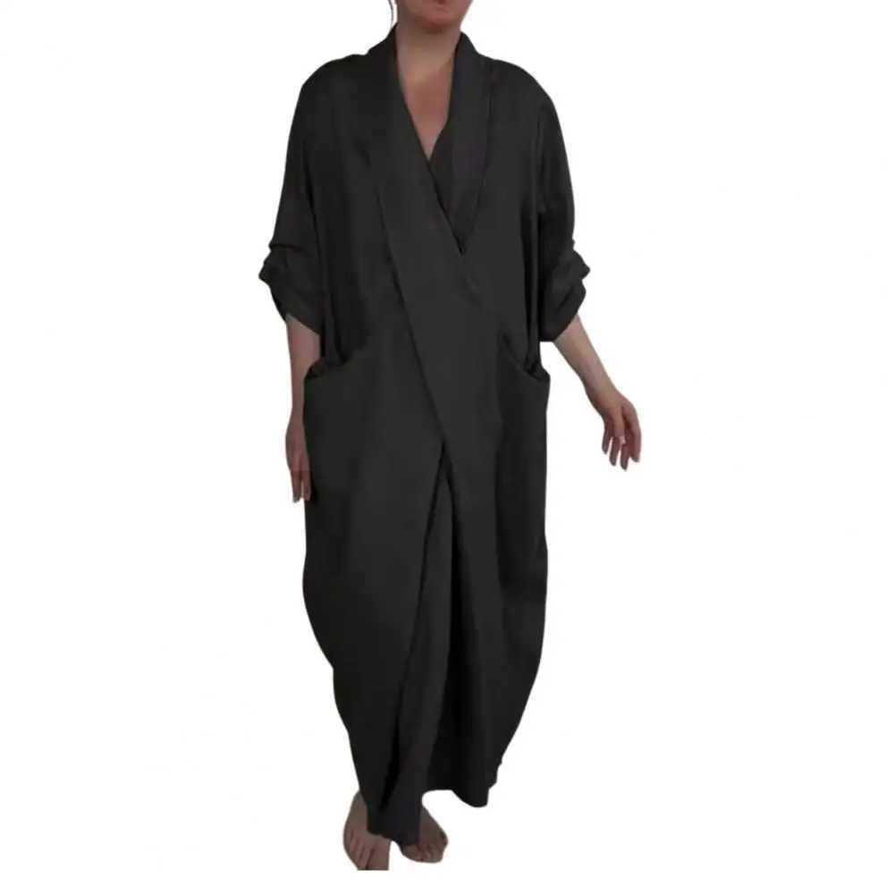 Spring Fall Maxi Dress Robe Baggy Cross V Neck Solid Color Large Pocket Retro A-line Bohemian Maxi Dress Casual Party Travel DreXJ2500207