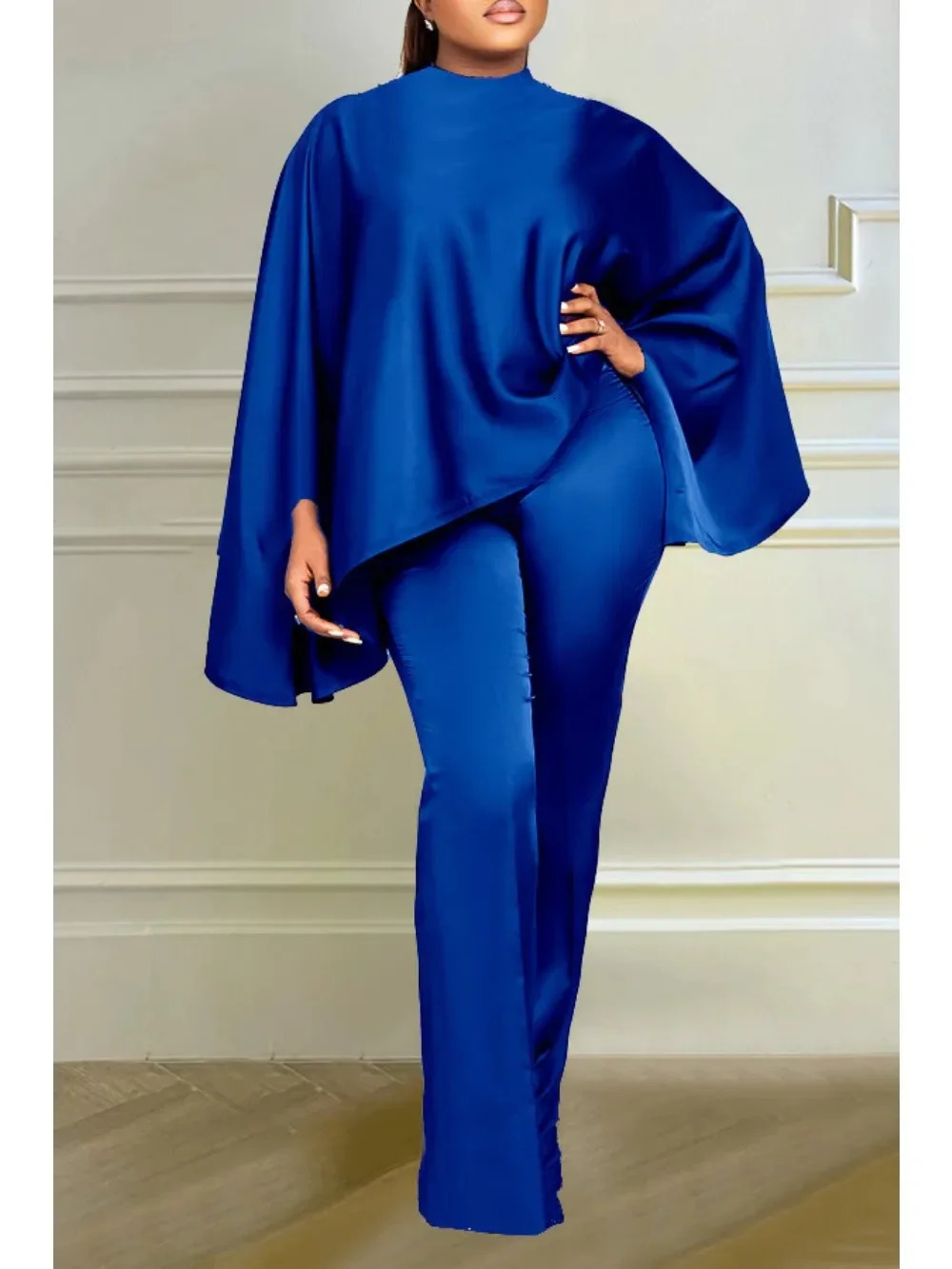 Winter Fashion Satin Two Piece Set African Women Elegant Solid Loose Batwing Sleeves Top Wide Leg Pants 250206