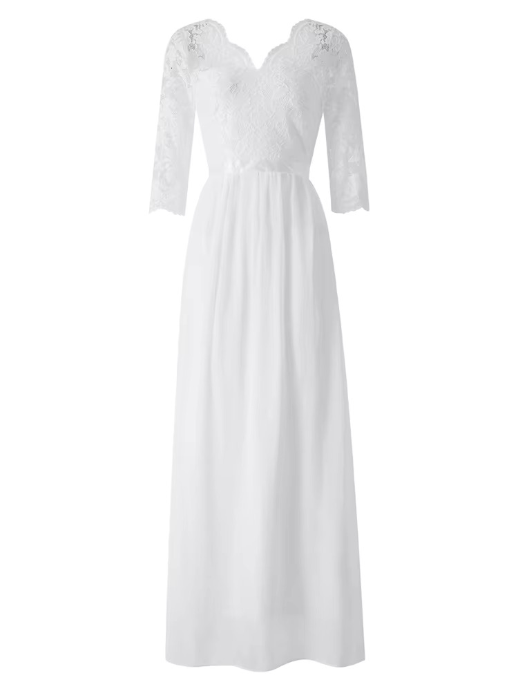 Women's Long Dress Patchwork Lace V-Neck Half Sleeve Pleated Dresses For Party Wedding Evening Elegant