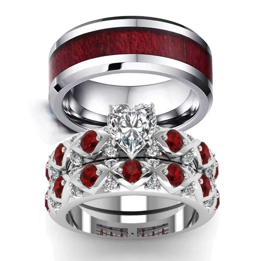 Fashion Couple Rings Women Heart White Crystal CZ Rings Set Mens Red Wood Inlay Stainless Steel Ring Wedding Band Jewelry Gifts W250207