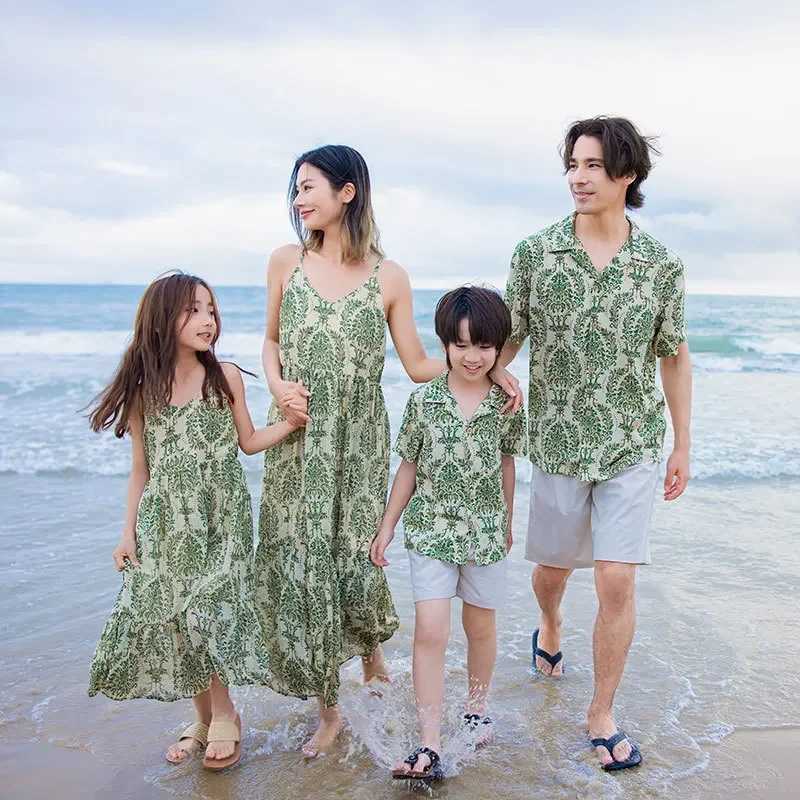 Polynesian clothing family set beach mom and daughter bohemian dress dad and son vacation shirt dad mom child matching clothes W250207