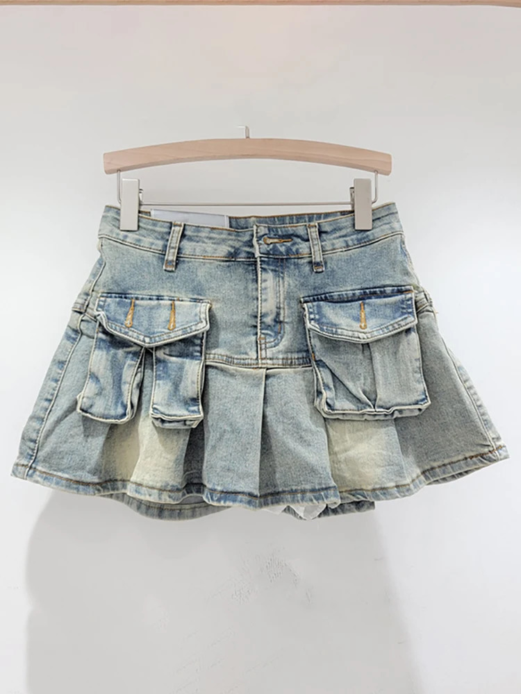 DEAT Womens Denim Skirts Patchwork Asymmetric Pockets Pleated A-line Short Cargo Miniskirt 2025 Spring Fashion 29L6949 250207