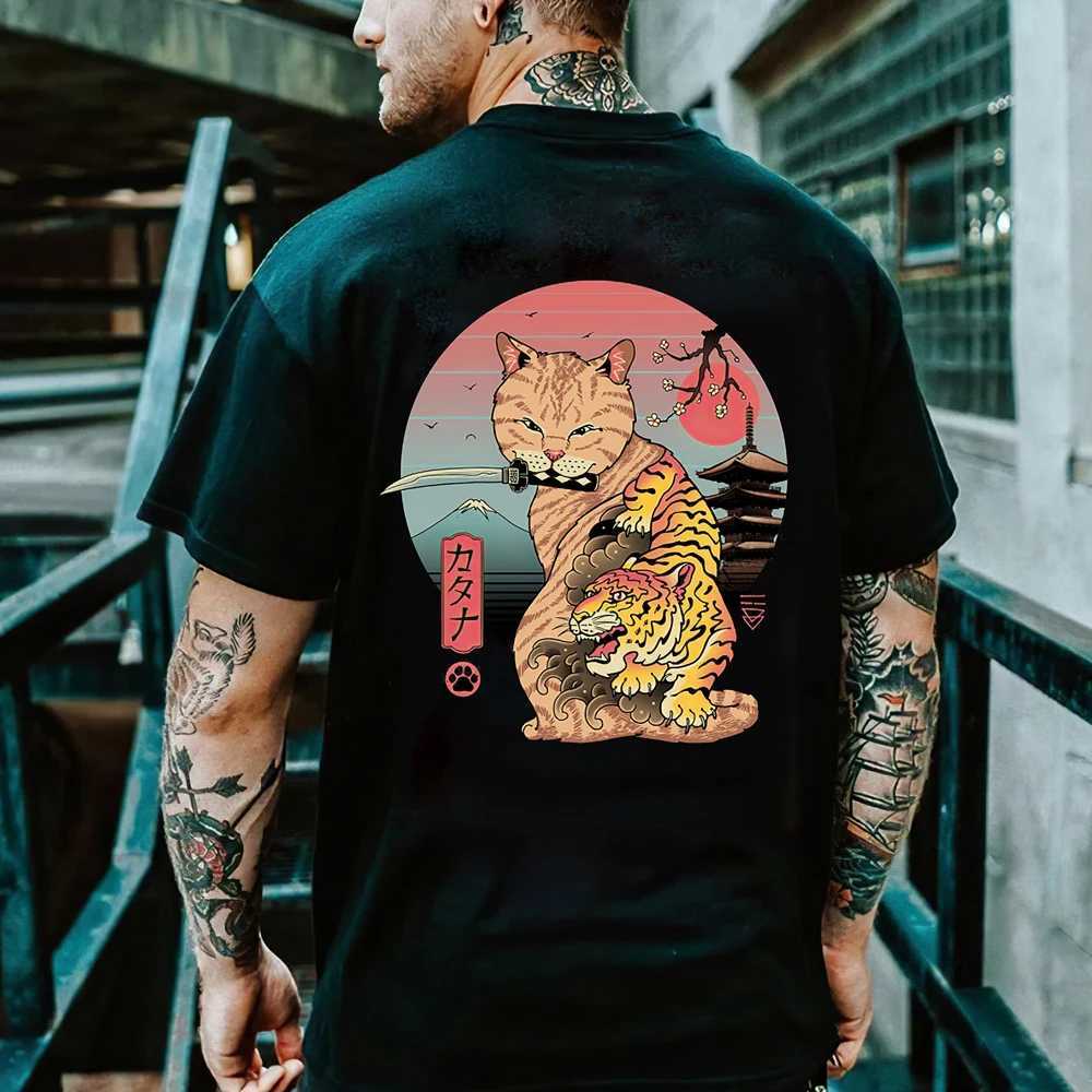 Cartoon Anime Samurai Cat Printed T Shirt For Men Outdoor Hip Hop Harajuku Vintage Clothes Casual O-neck Loose Short Sleeve TeesT250207