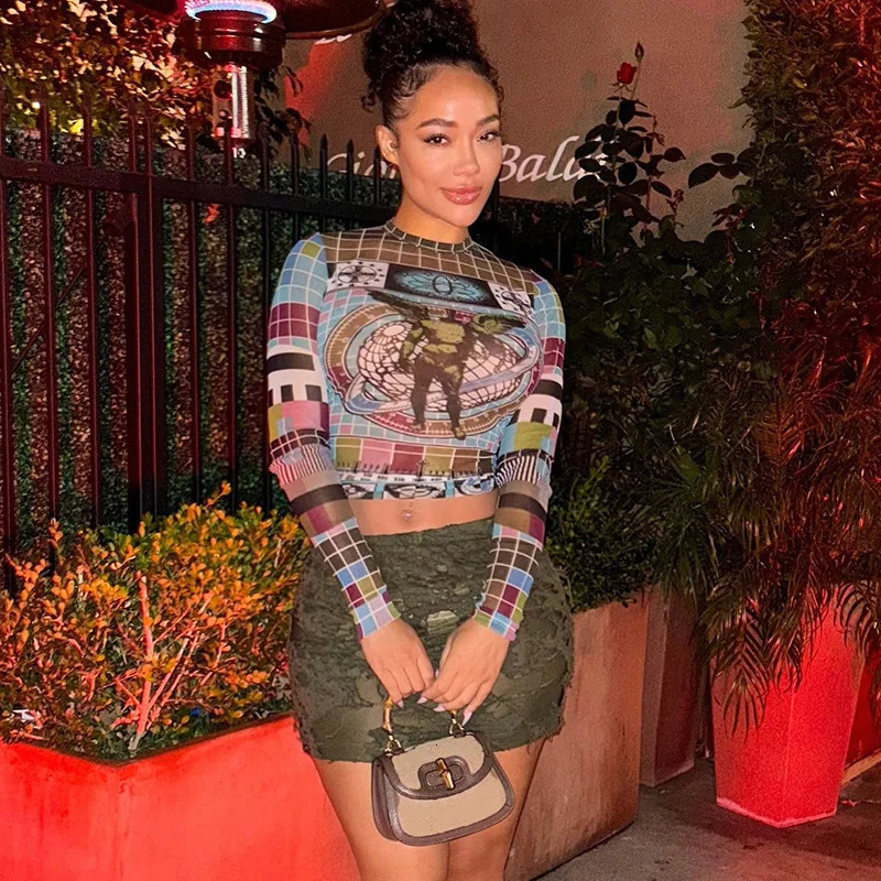 Sifreyr Fashionable Personalized Street Patchwork Color Top Round Neck Long Sleeve Tight Fitting Sexy Open Umbilical T-shirts 250206