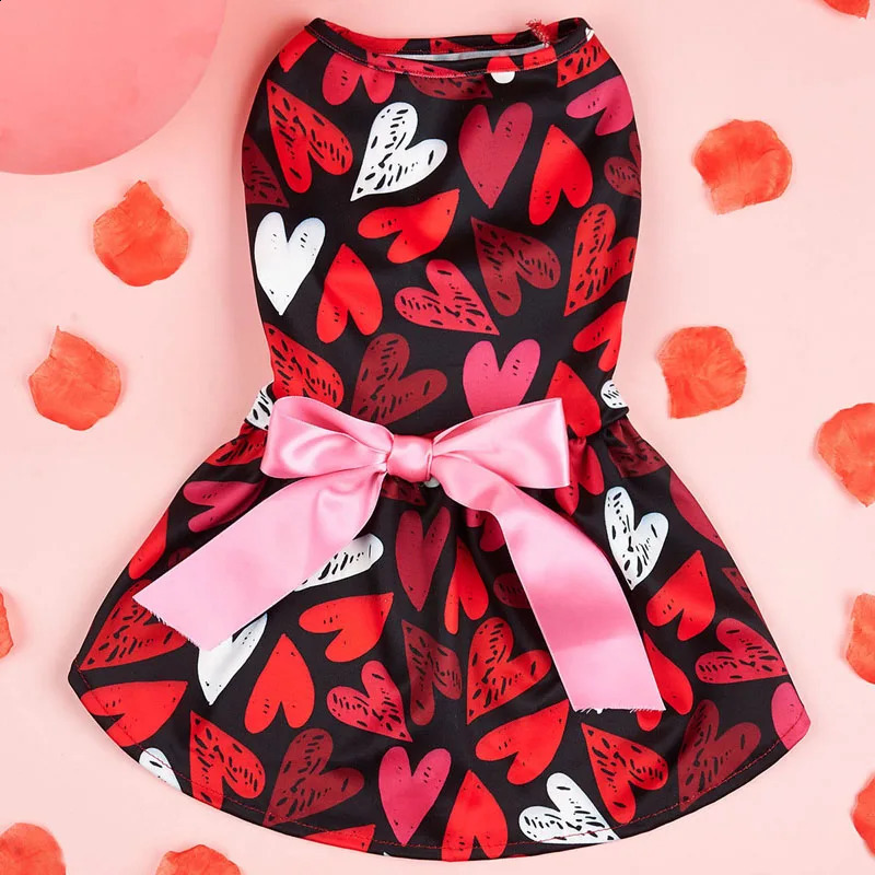 Pet Dog Cat Valentines Day Princess Dress Cute Heart Print Tie-up Bow Costume Party Styling Accessories for Dog Cat Clothes 250206