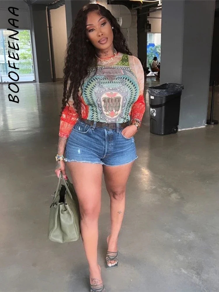 BOOFEENAA Stylish Print Mesh Long Sleeve Crop Tops Vintage Y2k Streetwear Graphic T Shirts Fall Trending Clothes C87-AI12 250206