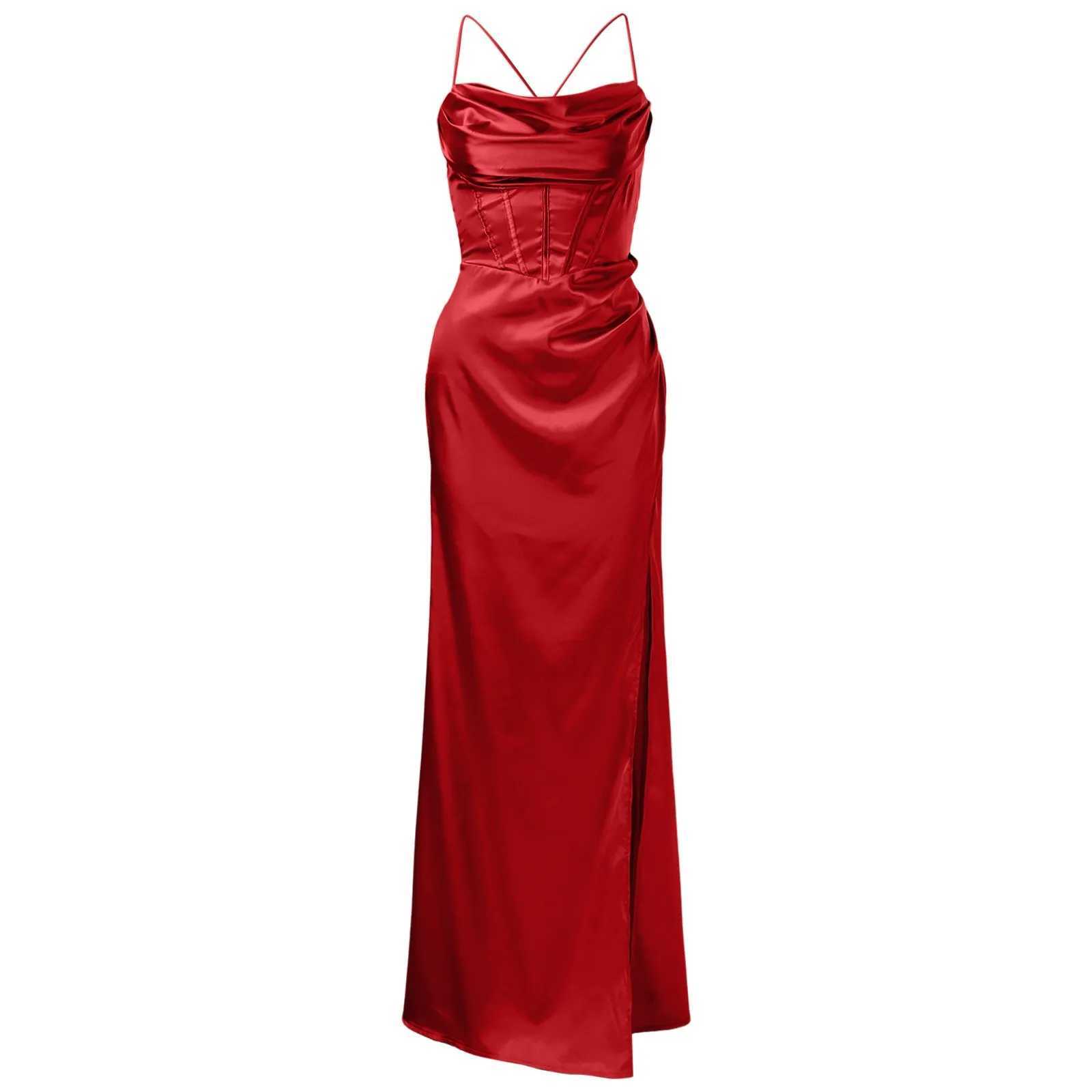 Red Satin Beach Party Maxi Dress for Women Sexy Side Slit Fishbone Corset Dress Backless Wedding Evening Prom Long Maxi DressesXJ2500207