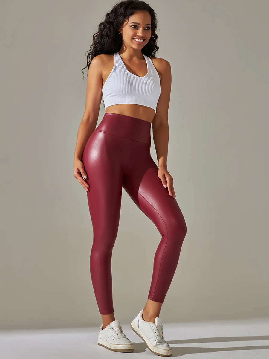 Women solid color leggings casual high waist tights sexy black pu leather pants red tight trousers female 250207