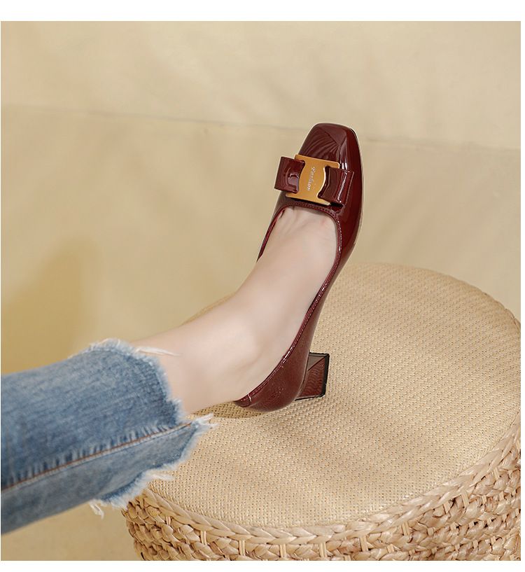 Square head chunky heels 2025 new fashion wine red patent leather with skirt in the single shoes spring and summer all match gentle shoes