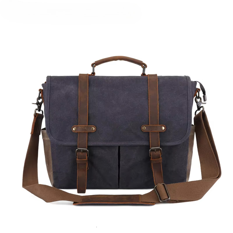 Vintage Men Messenger Bags Waterproof Canvas Shoulder Man Business Crossbody Bag Male Travel Laptop Handbag Candy Genuine Leather