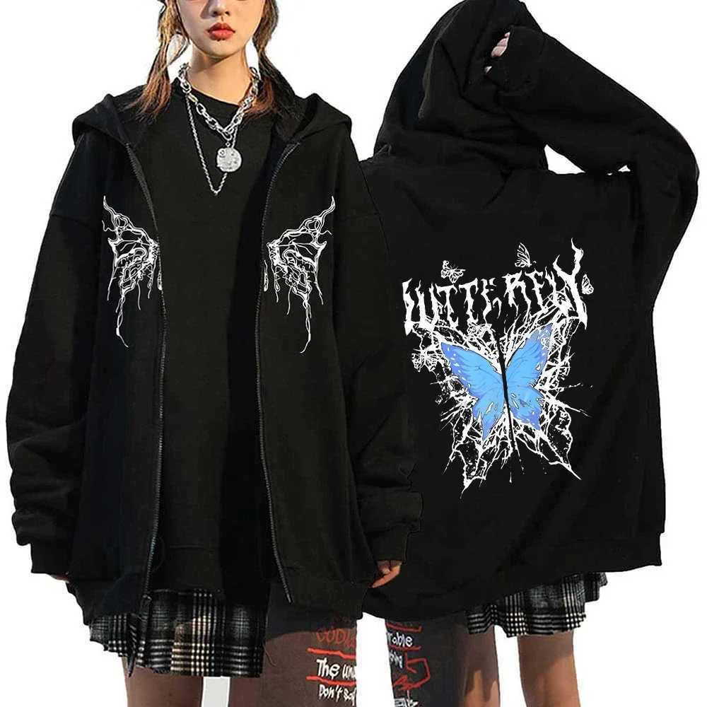 Womens Vintage Butterfly Print Hoodies Autumn Winter Zip Up Long Sleeve Pocket Loose Sweatshirt Y2K Female Gothic Streetwear W250207