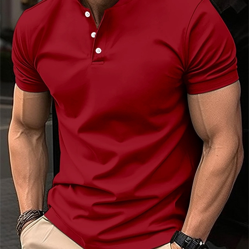 SpringSummer Mens Short Sleeved Neck T-shirt Solid Color Casual Polo Shirt Trendy Breathable Loose Top 250206