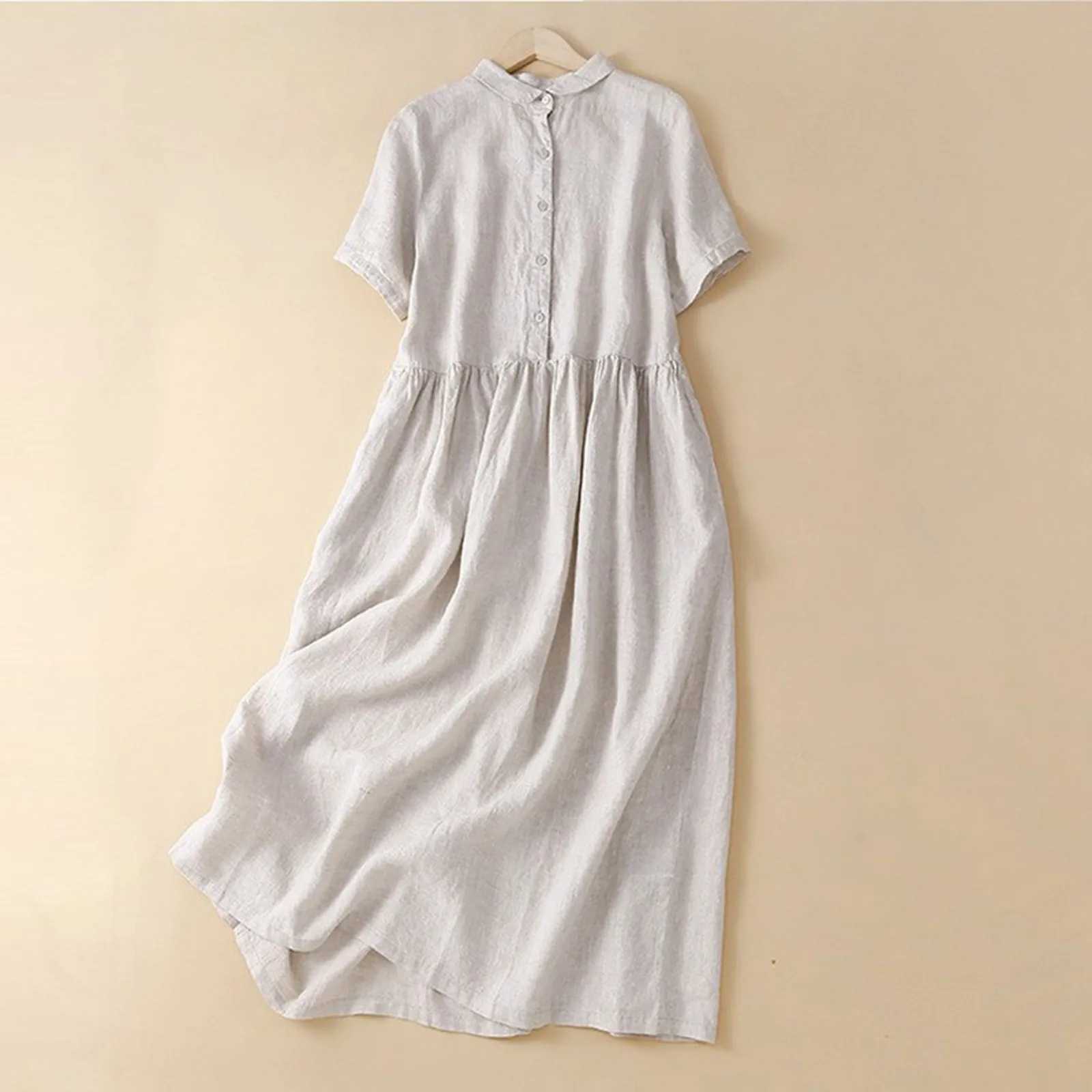 WomenS Summer Dress Casual Artistic Style Cotton Linen Maxi Dresses Solid Color Button Patchwork Loose Fit Vestidos EleXJ2500207
