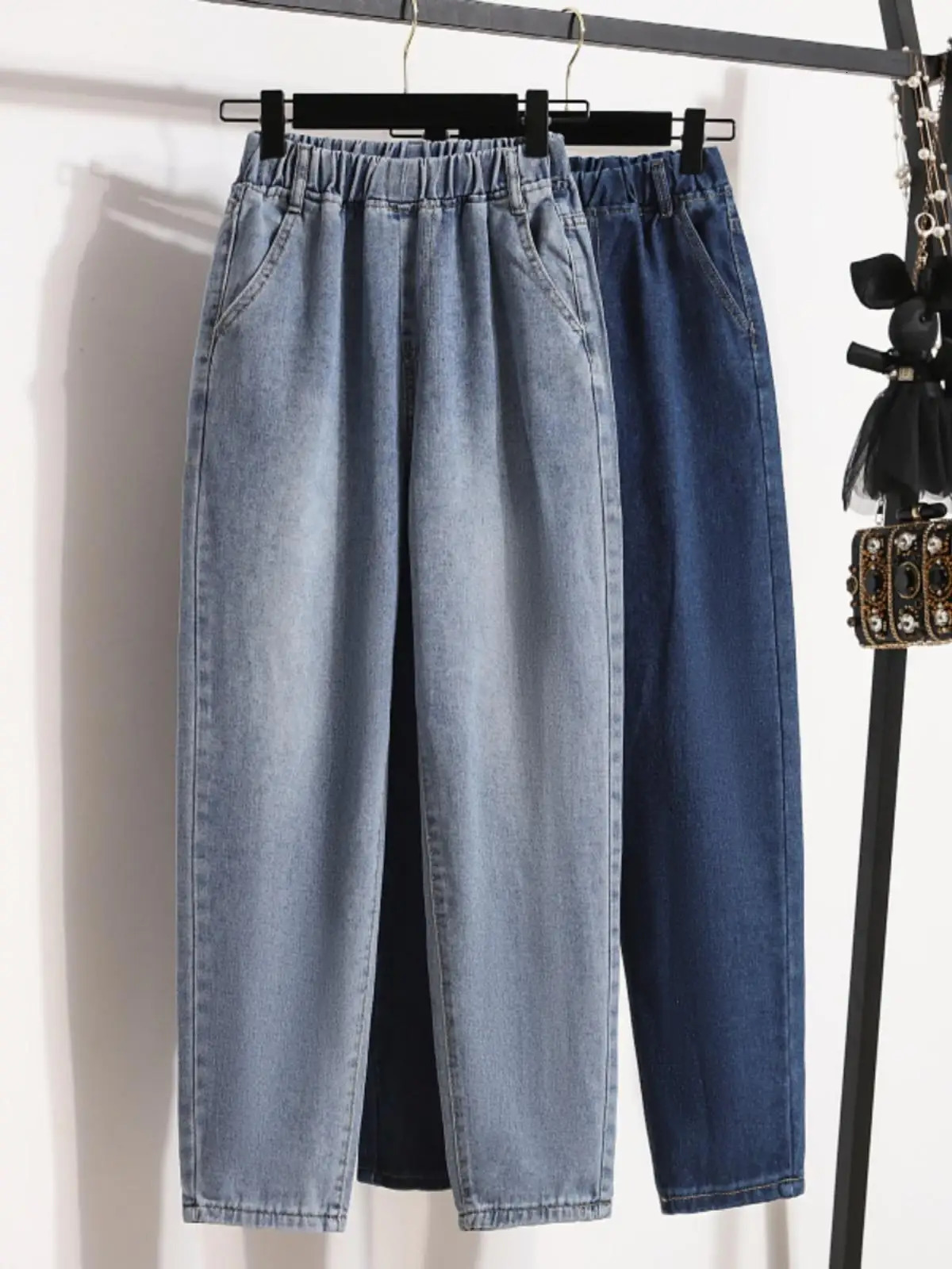 Large Size High Waisted Jeans Fashion Loose Elastic Waist Casual Harlan Pants 2024 Autumn AnkleLength Denim 250121